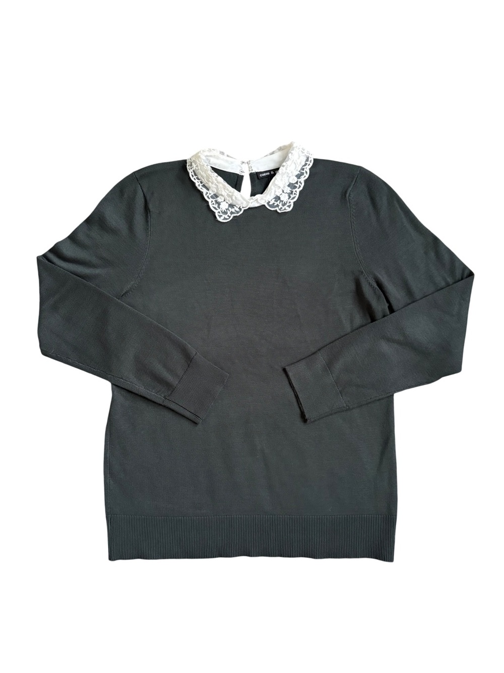 Cable & Gauge Lace Collar Forest Green Long Sleeve Top Size Large